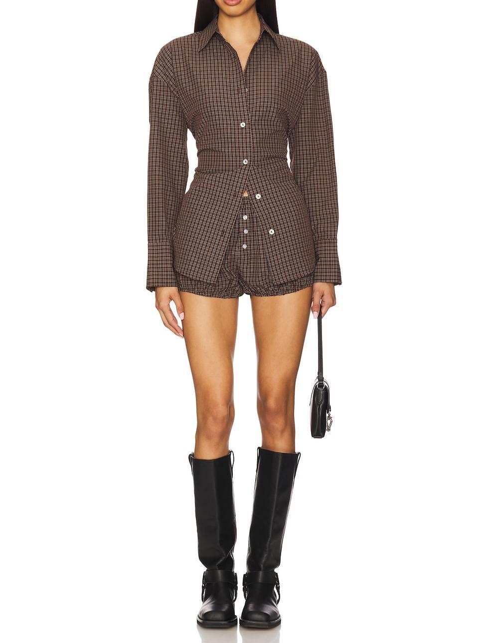 Plaid Drawstring Back Shirt & Puff Hem Shorts Set