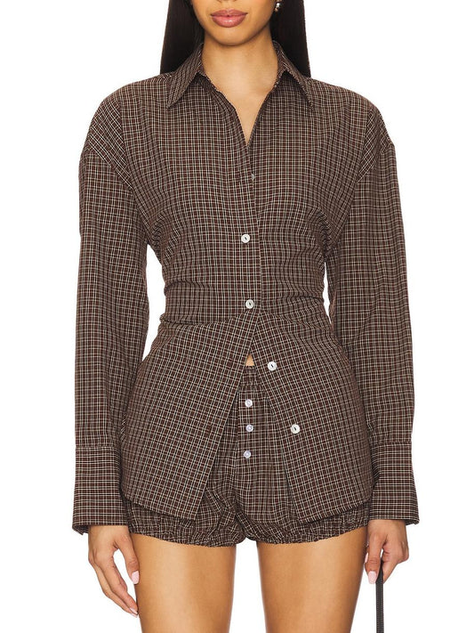 Plaid Drawstring Back Shirt & Puff Hem Shorts Set