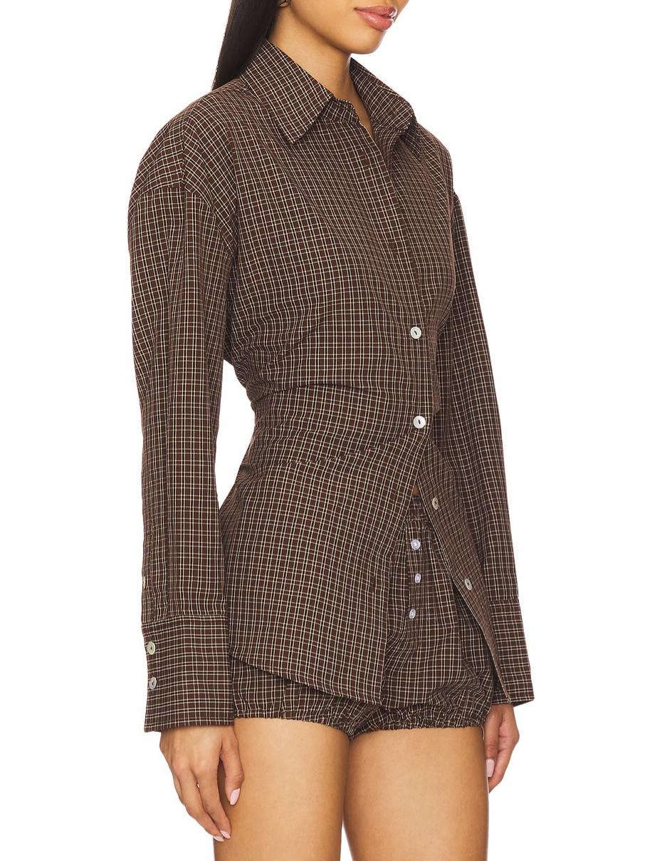 Plaid Drawstring Back Shirt & Puff Hem Shorts Set