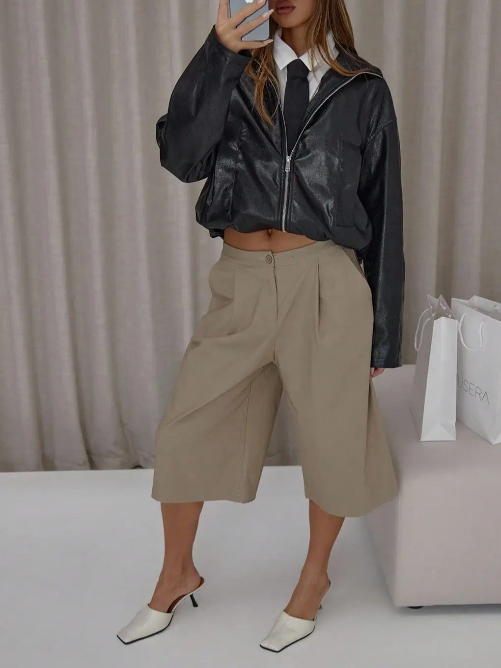 Longline Low Rise Pleated Capri Pants