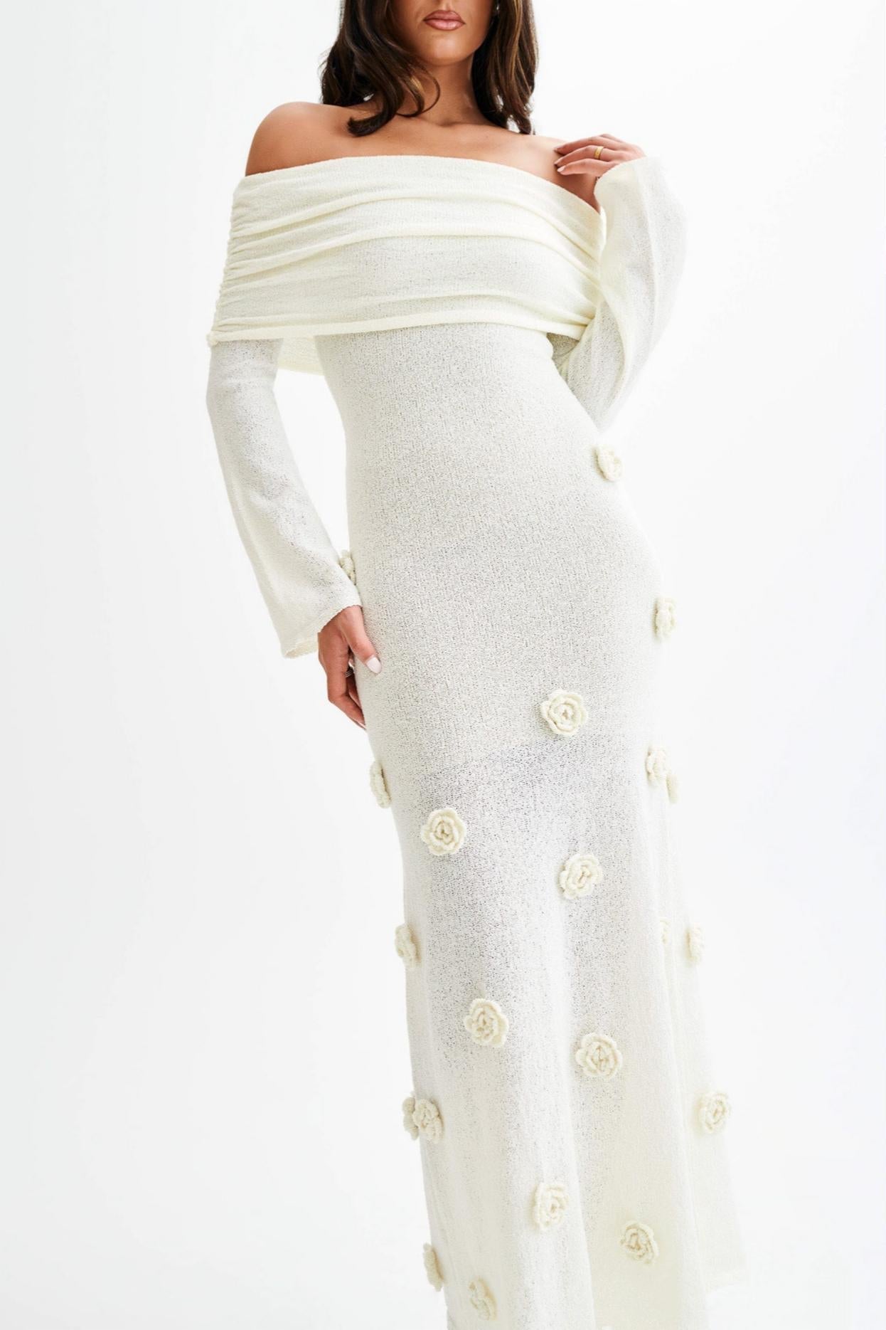 Off Shoulder Knit Rose Maxi Dress