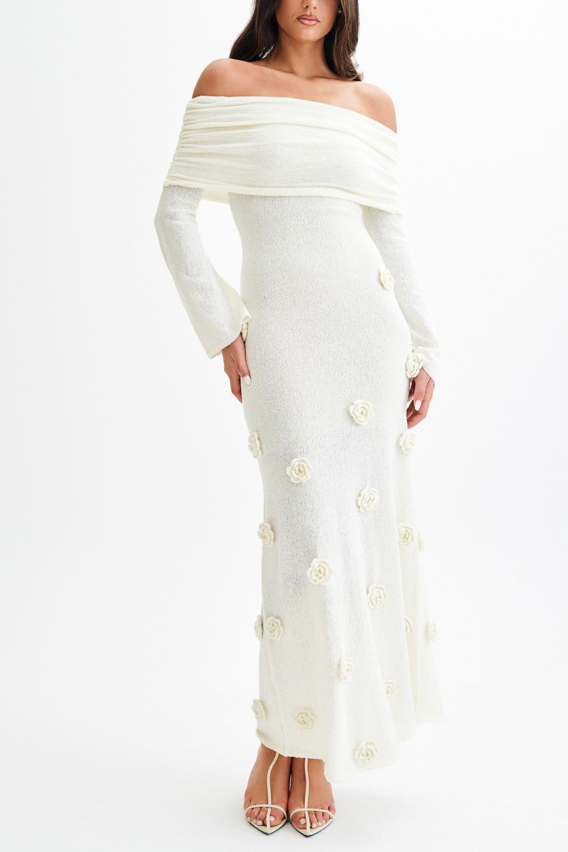 Off Shoulder Knit Rose Maxi Dress