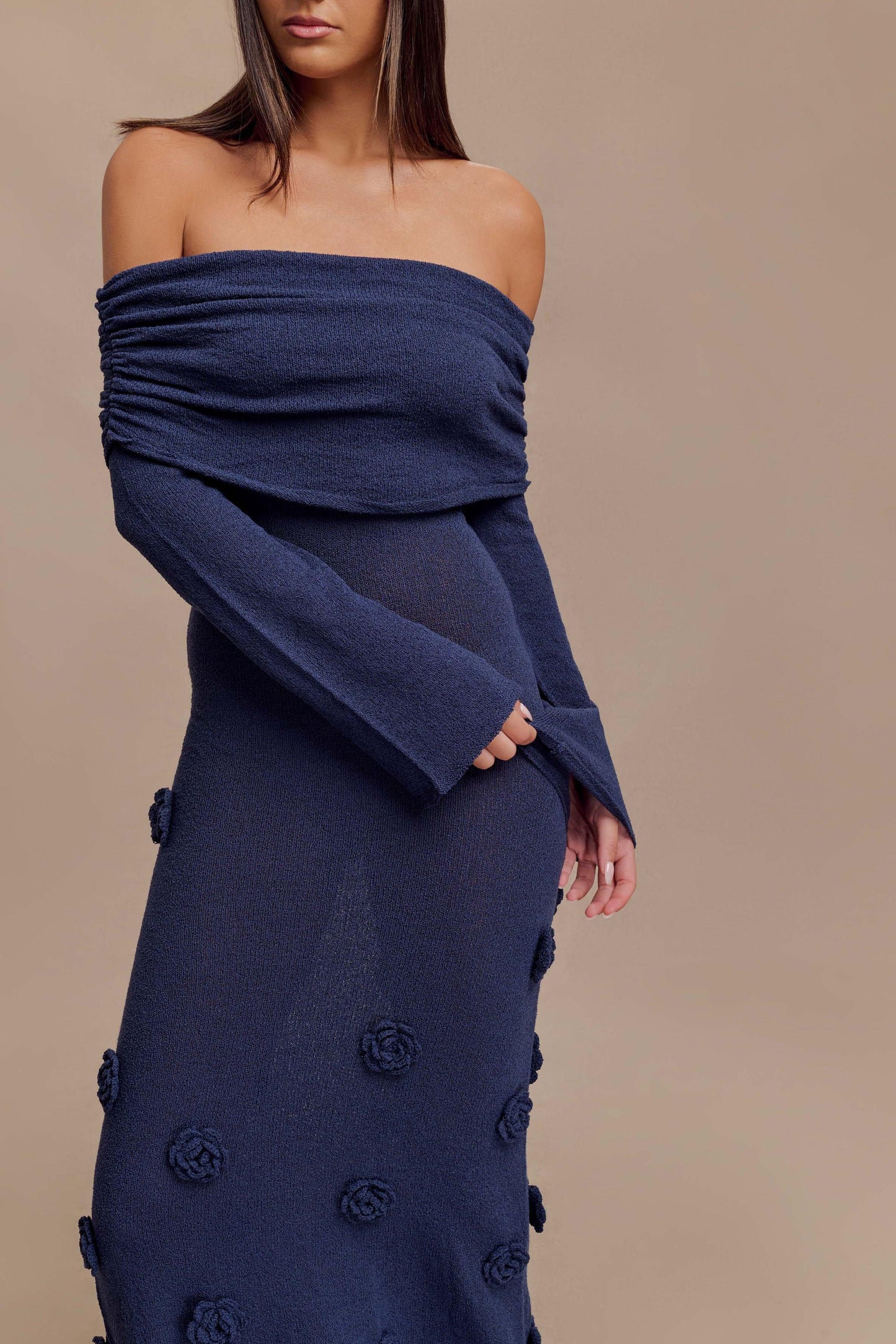 Off Shoulder Knit Rose Maxi Dress