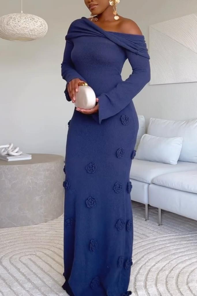 Off Shoulder Knit Rose Maxi Dress