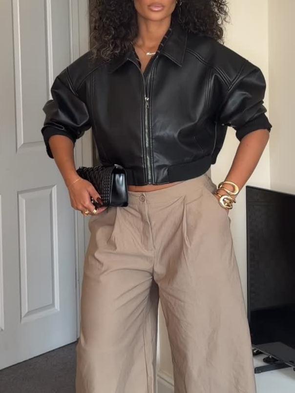 Black Oversized Belted Hem Cropped Biker Jacket