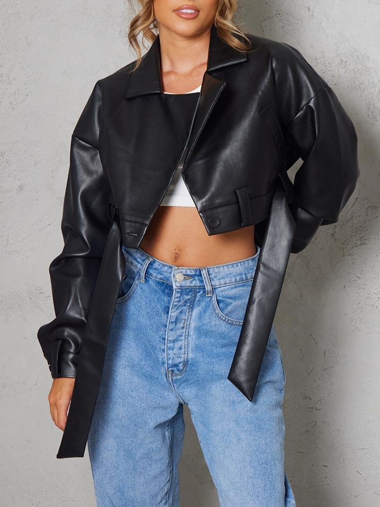 Black Oversized Belted Hem Cropped Biker Jacket