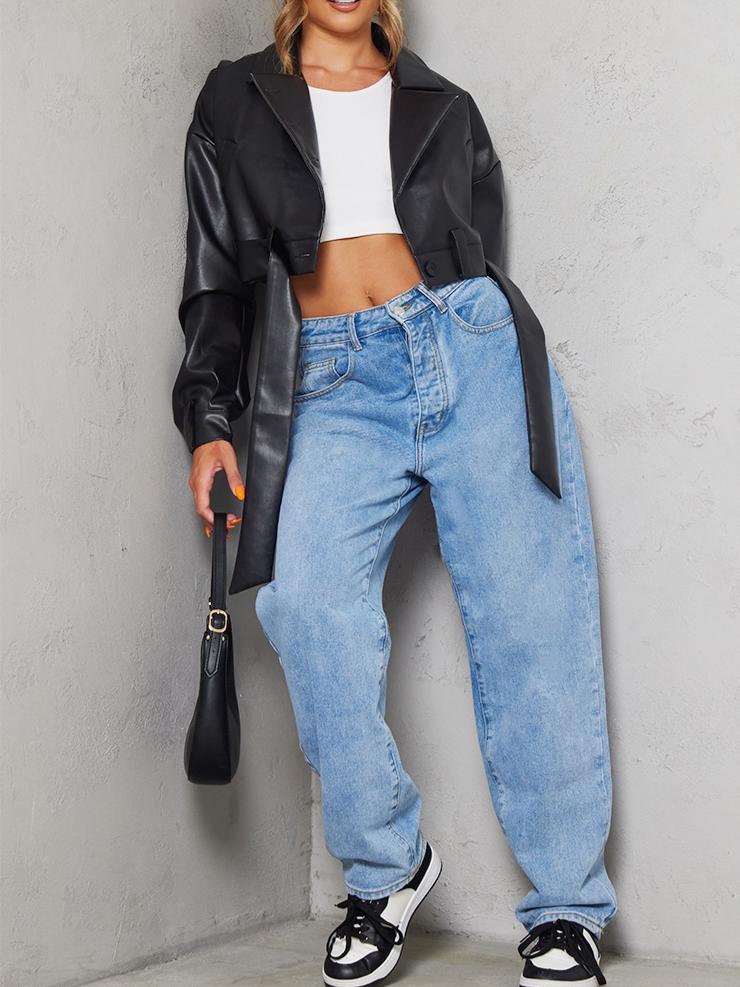 Black Oversized Belted Hem Cropped Biker Jacket
