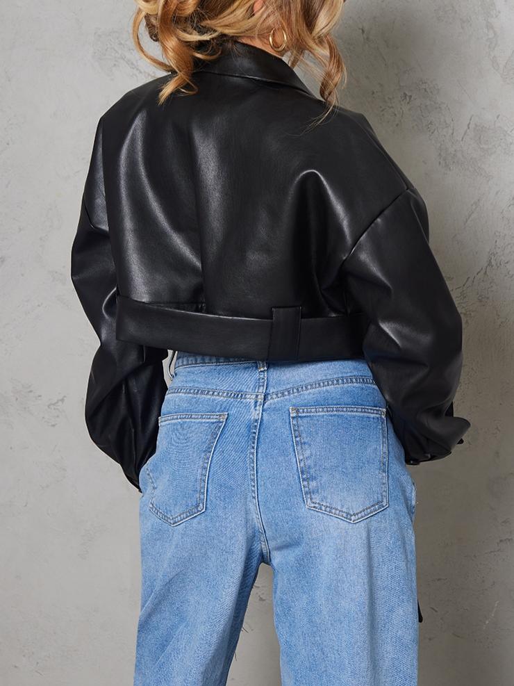 Black Oversized Belted Hem Cropped Biker Jacket
