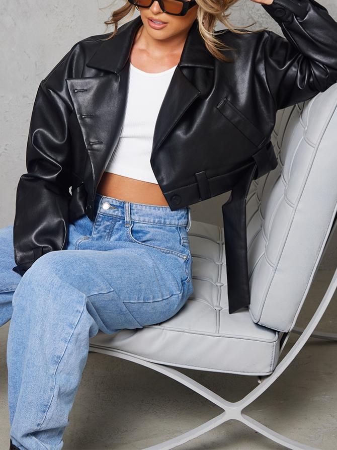 Black Oversized Belted Hem Cropped Biker Jacket