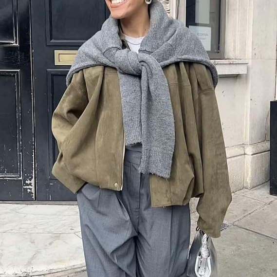 Faux Suede Lapel Pilot Bomber Jacket