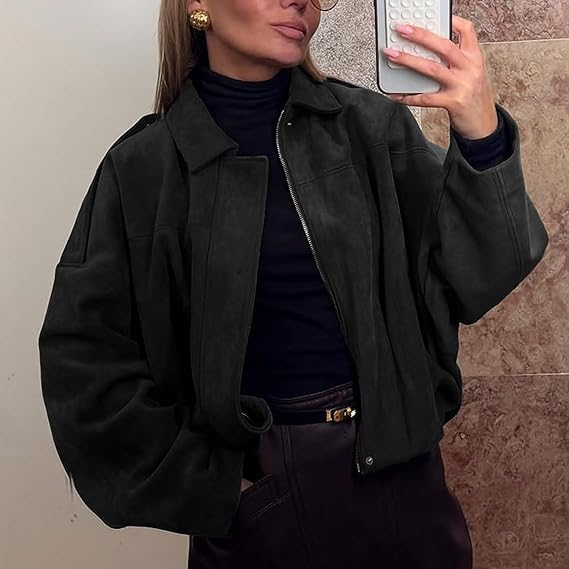 Faux Suede Lapel Pilot Bomber Jacket