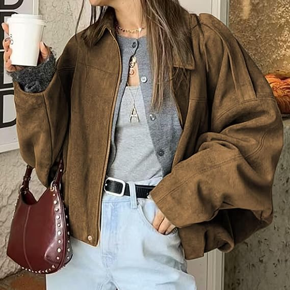 Faux Suede Lapel Pilot Bomber Jacket