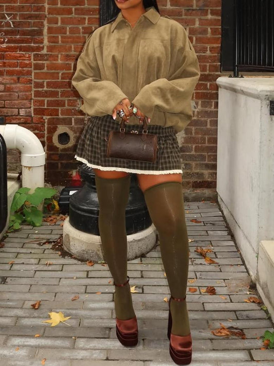 Faux Suede Lapel Pilot Bomber Jacket