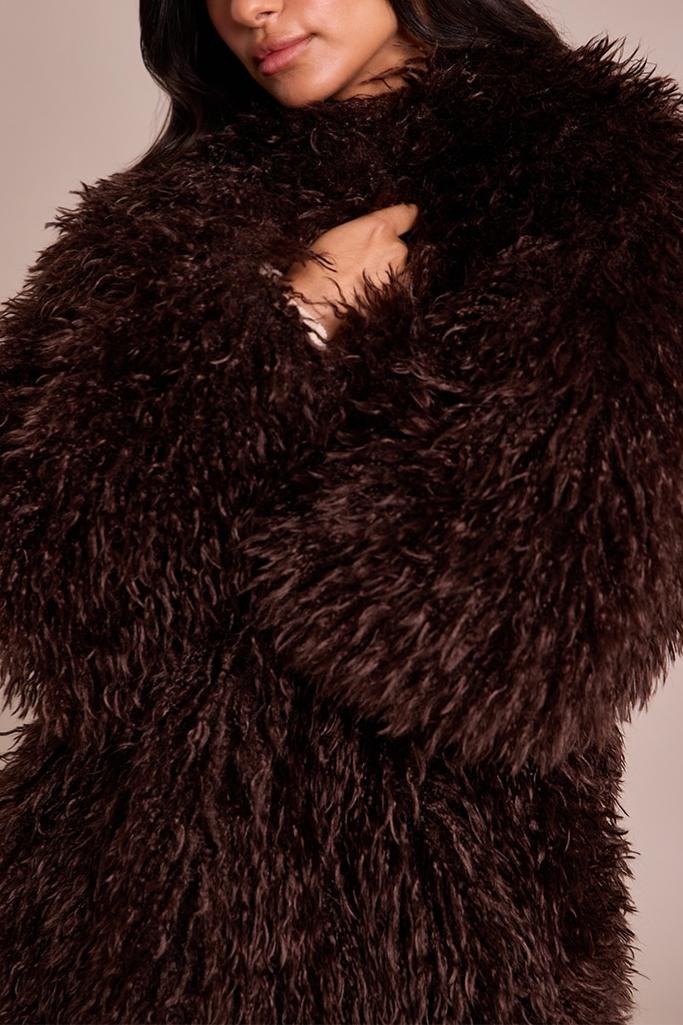 Faux Mongolian Fur Collarless Maxi Coat