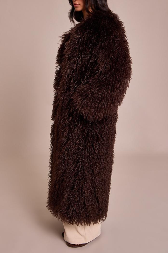 Faux Mongolian Fur Collarless Maxi Coat