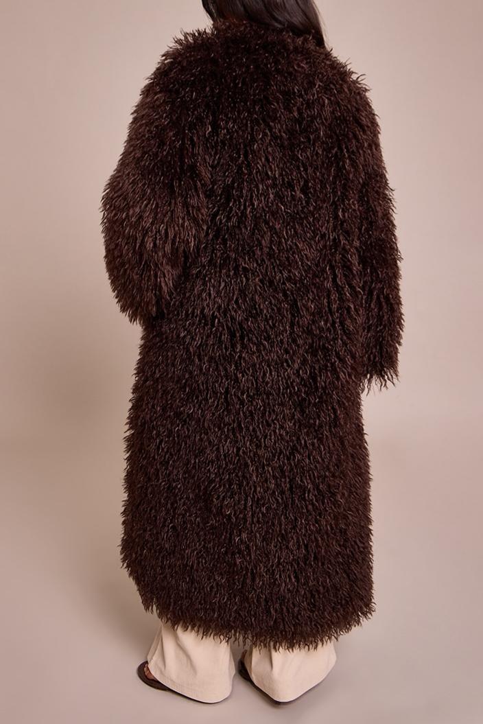 Faux Mongolian Fur Collarless Maxi Coat
