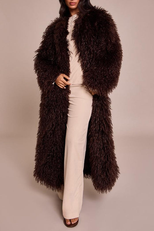 Faux Mongolian Fur Collarless Maxi Coat