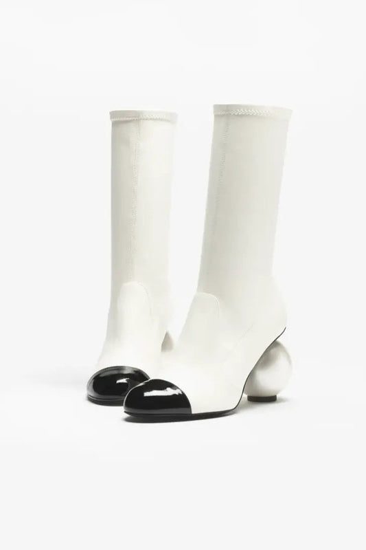 Irregular Pearl Ball High Heels & Color-Block Ankle Boots