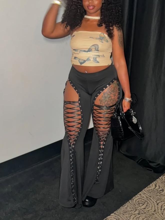 Hollow-Out Drawstring Slim Fit Flared Pants