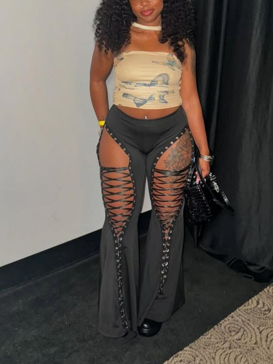 Hollow-Out Drawstring Slim Fit Flared Pants