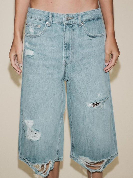 Ripped Low Rise Denim Jorts