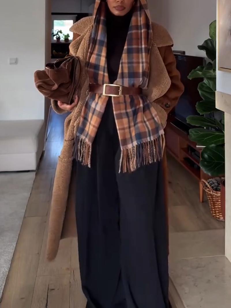 Brown Faux Shearling-Lined Long Leather Coat with Lapel Collar