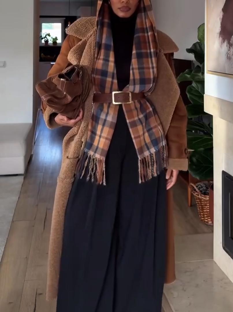 Brown Faux Shearling-Lined Long Leather Coat with Lapel Collar