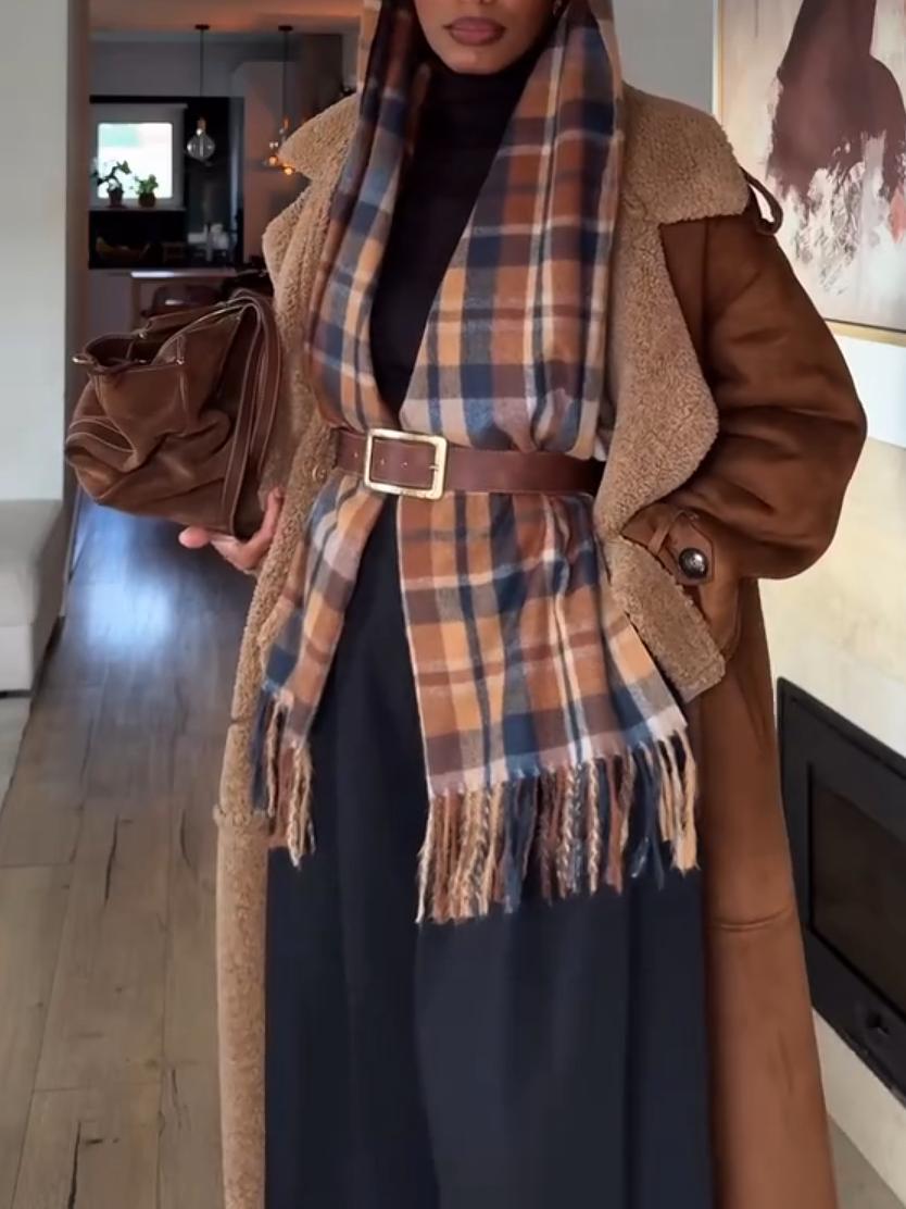 Brown Faux Shearling-Lined Long Leather Coat with Lapel Collar
