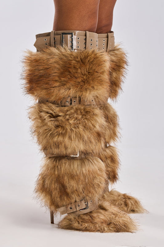 Brown Multi Faux Fur And Buckles Boot