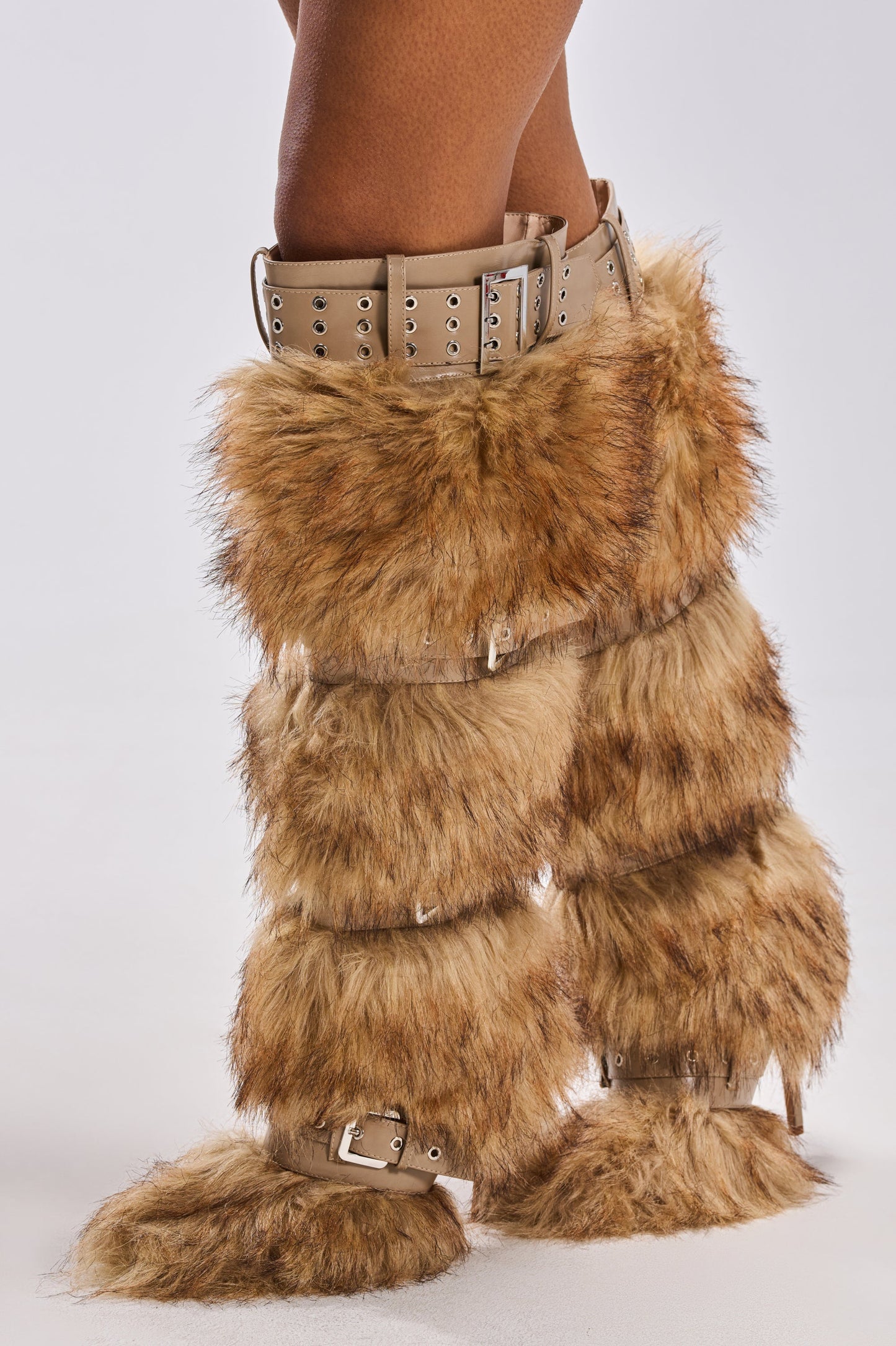 Brown Multi Faux Fur And Buckles Boot