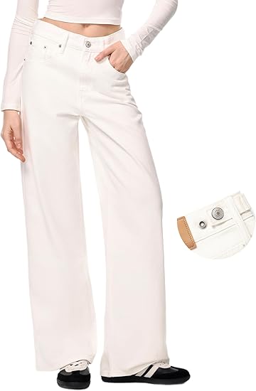 Adjustable Wasit Baggy Jeans with Snap-Button Waistband