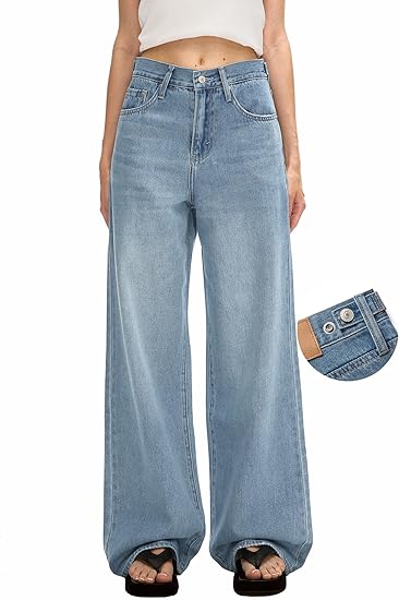 Adjustable Wasit Baggy Jeans with Snap-Button Waistband