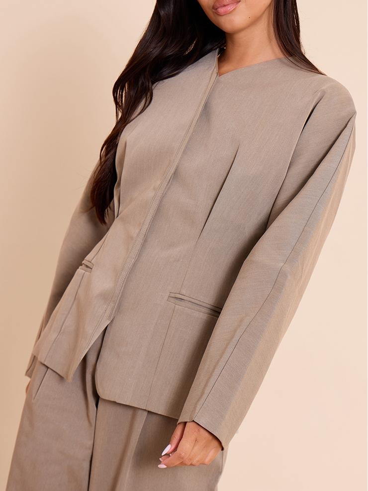 Light Grey Premium Woven Tailored Collarless Blazer