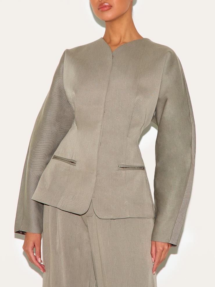 Light Grey Premium Woven Tailored Collarless Blazer