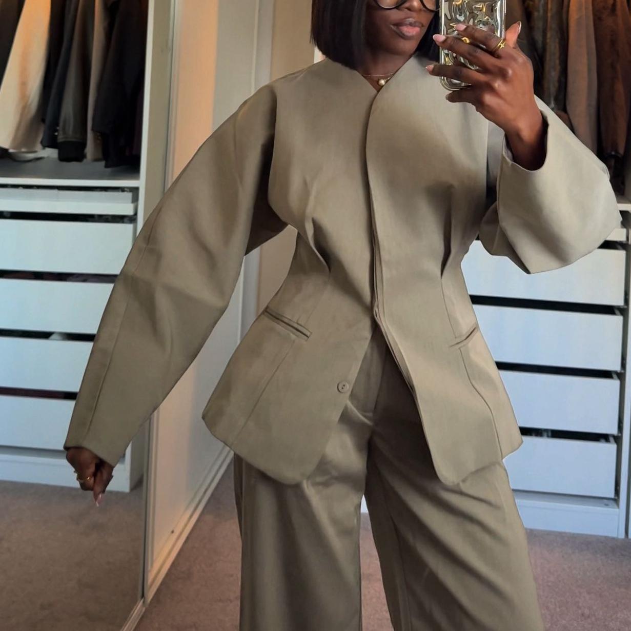 Light Grey Premium Woven Tailored Collarless Blazer