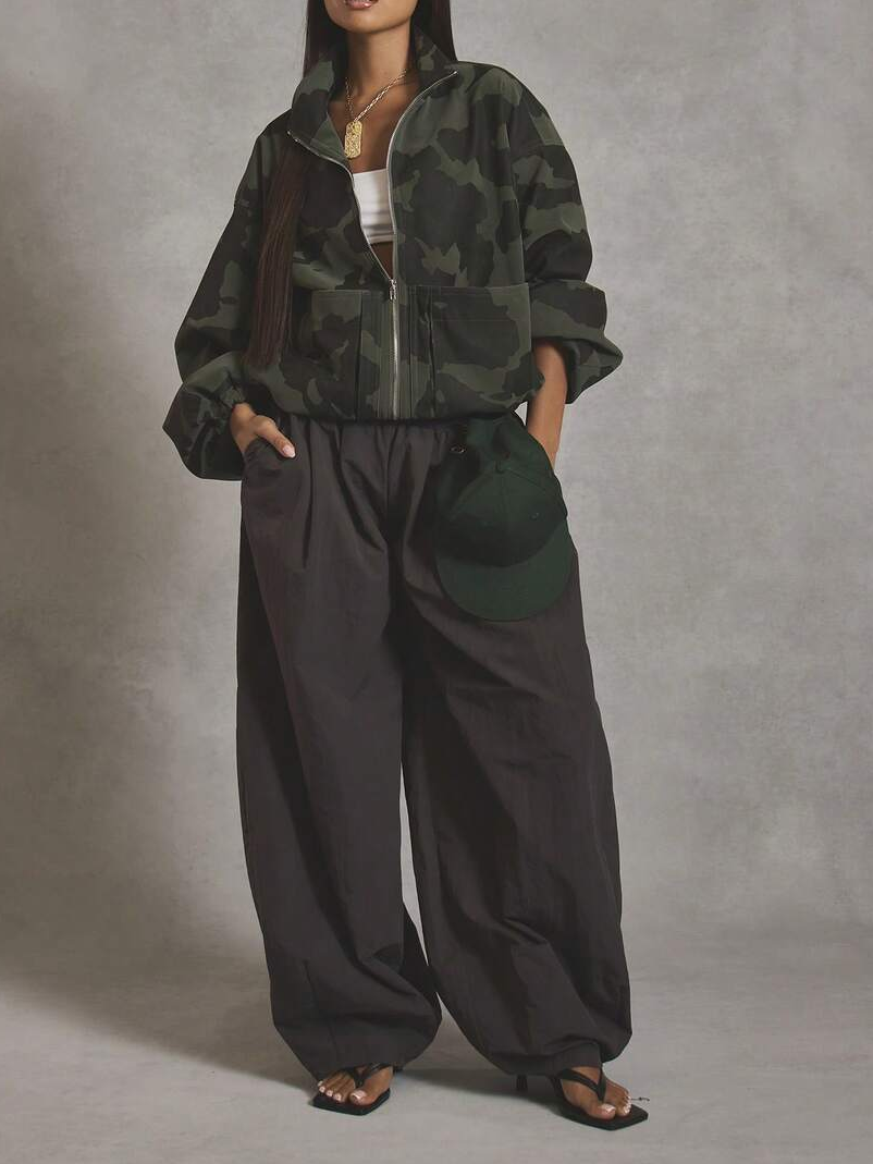 High Neck Oversized Camo Bomber Jacket