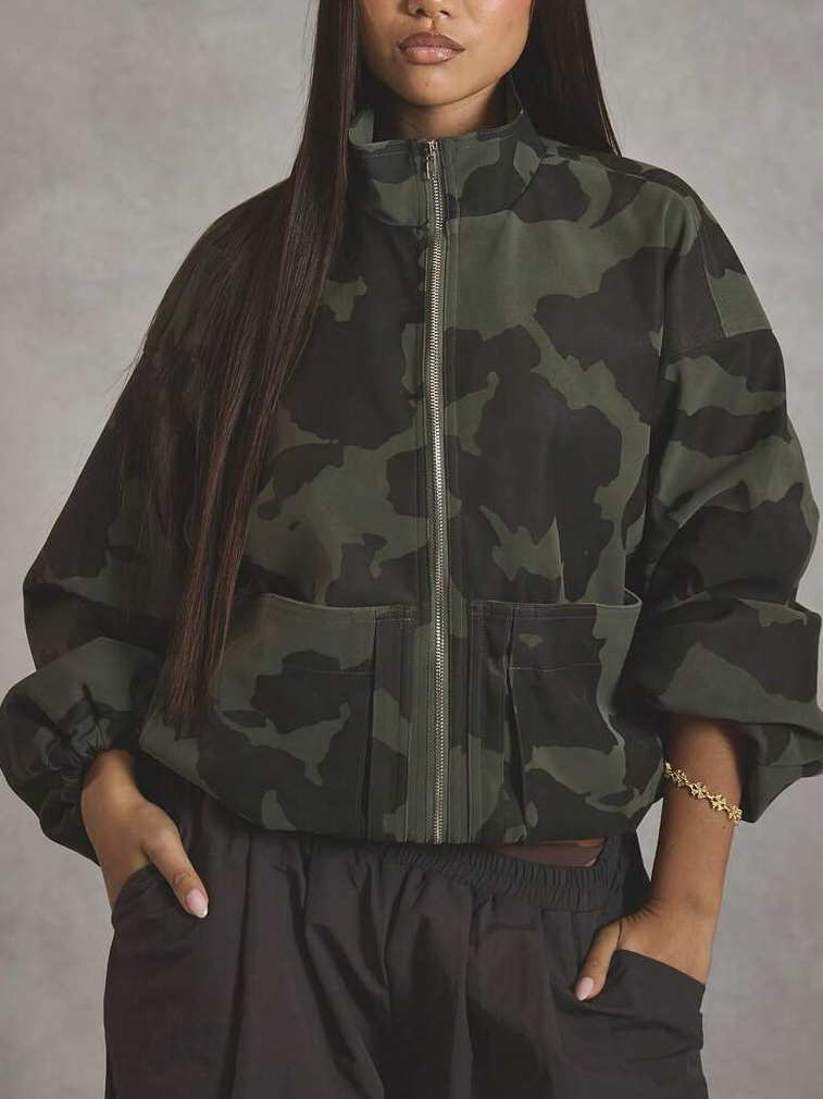 High Neck Oversized Camo Bomber Jacket