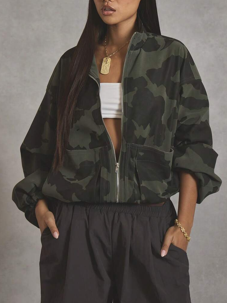 High Neck Oversized Camo Bomber Jacket
