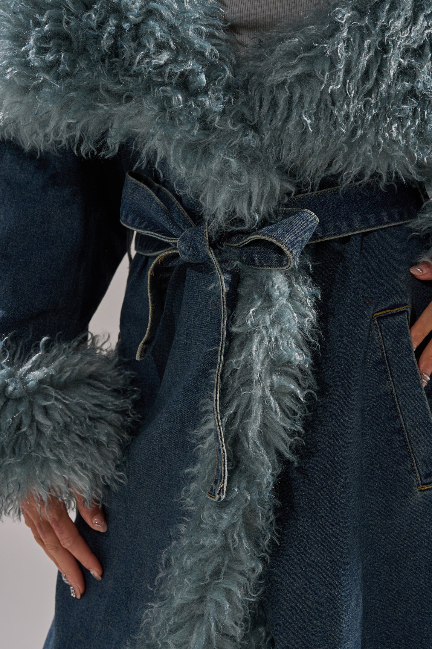 Faux Fur Trim Denim Trench