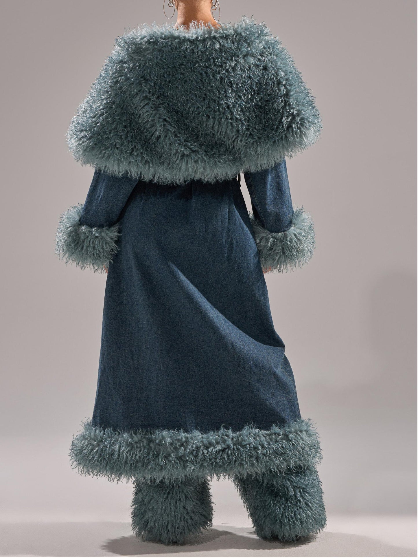 Faux Fur Trim Denim Trench