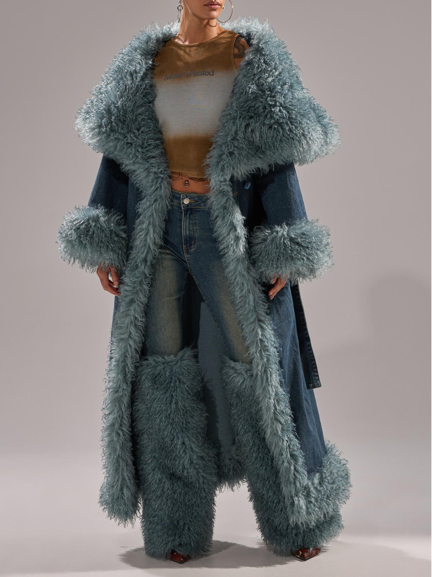 Faux Fur Trim Denim Trench