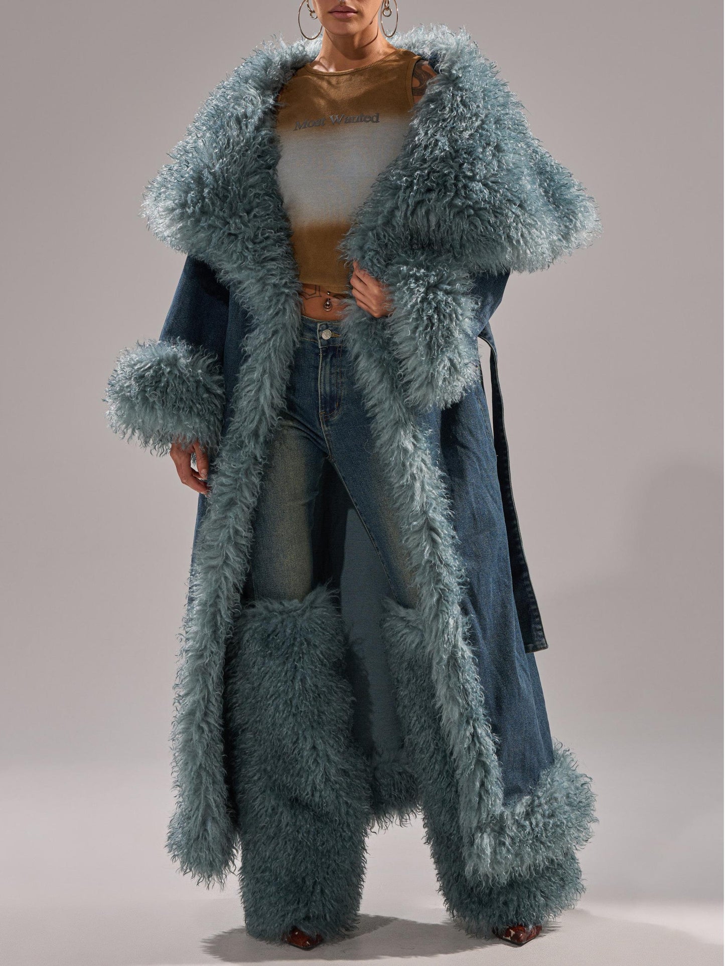 Faux Fur Trim Denim Trench