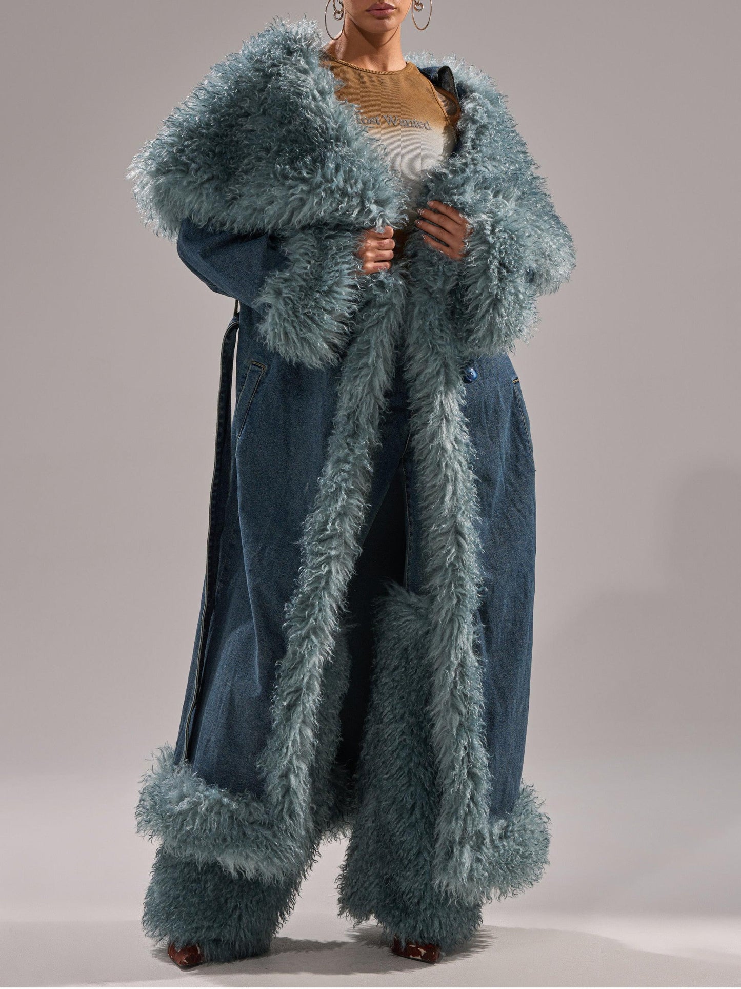 Faux Fur Trim Denim Trench