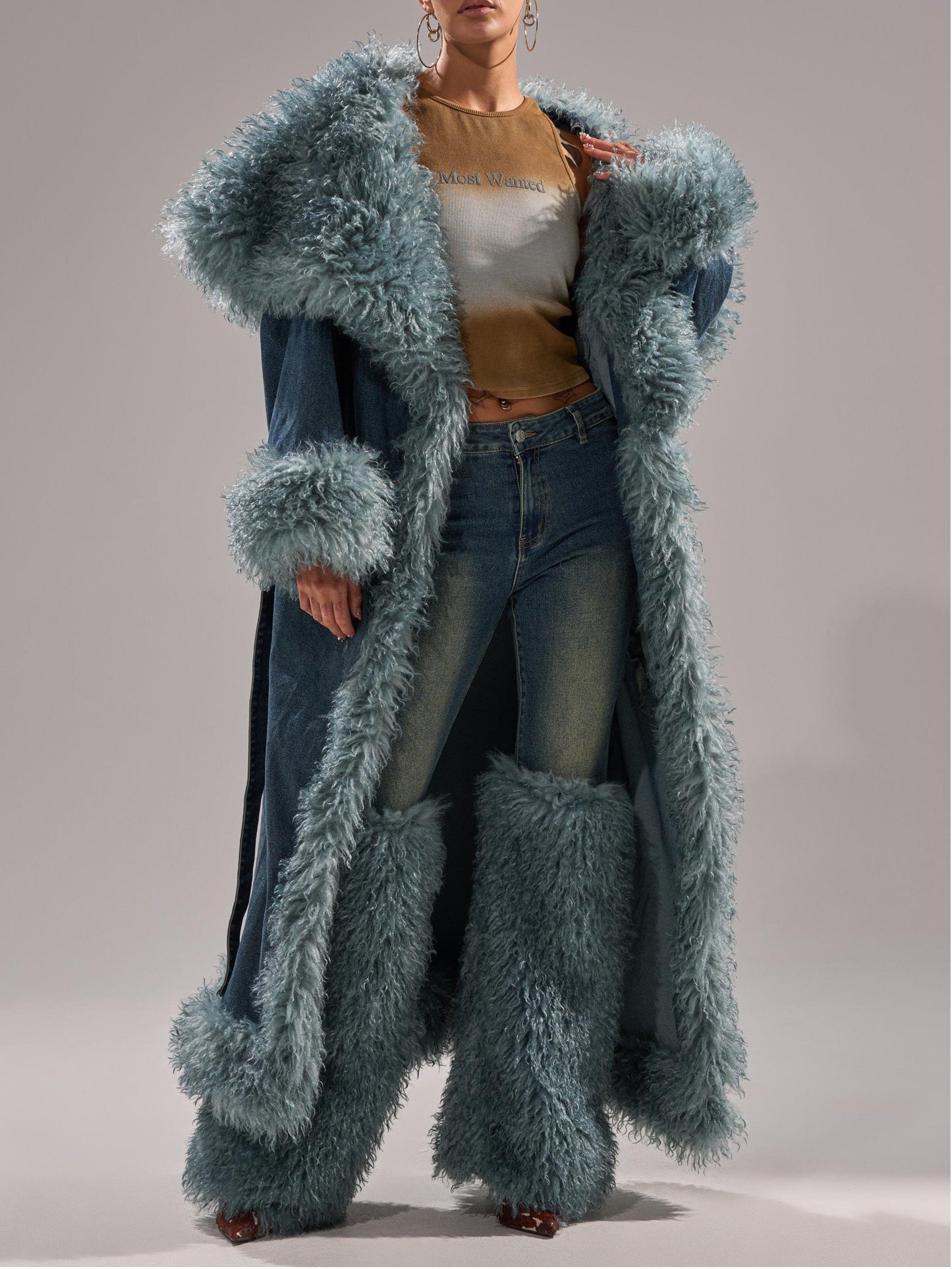 Faux Fur Trim Denim Trench