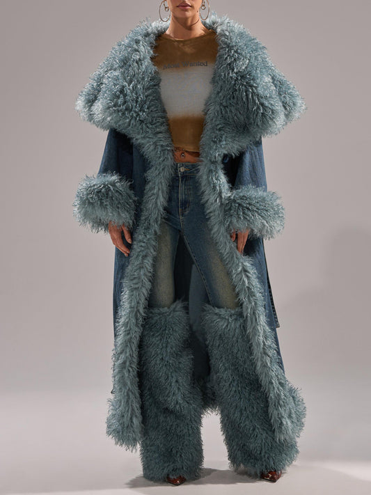 Faux Fur Trim Denim Trench