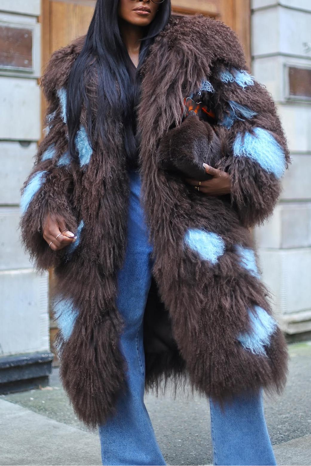 Brown and Blue Women's Fur Coat