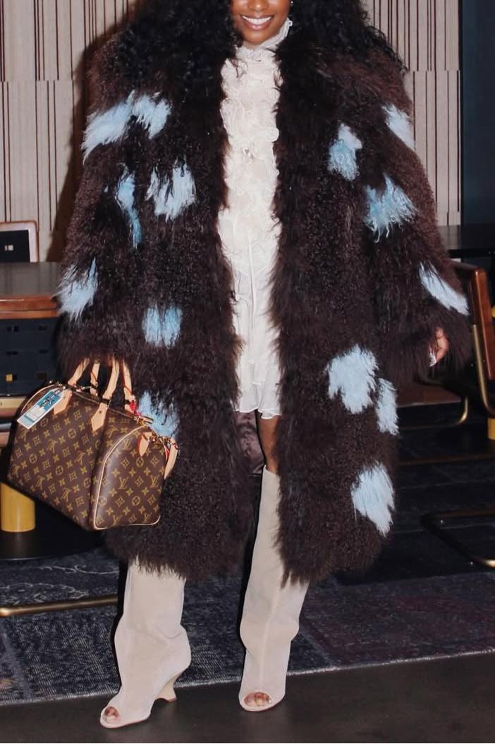 Brown and Blue Women's Fur Coat