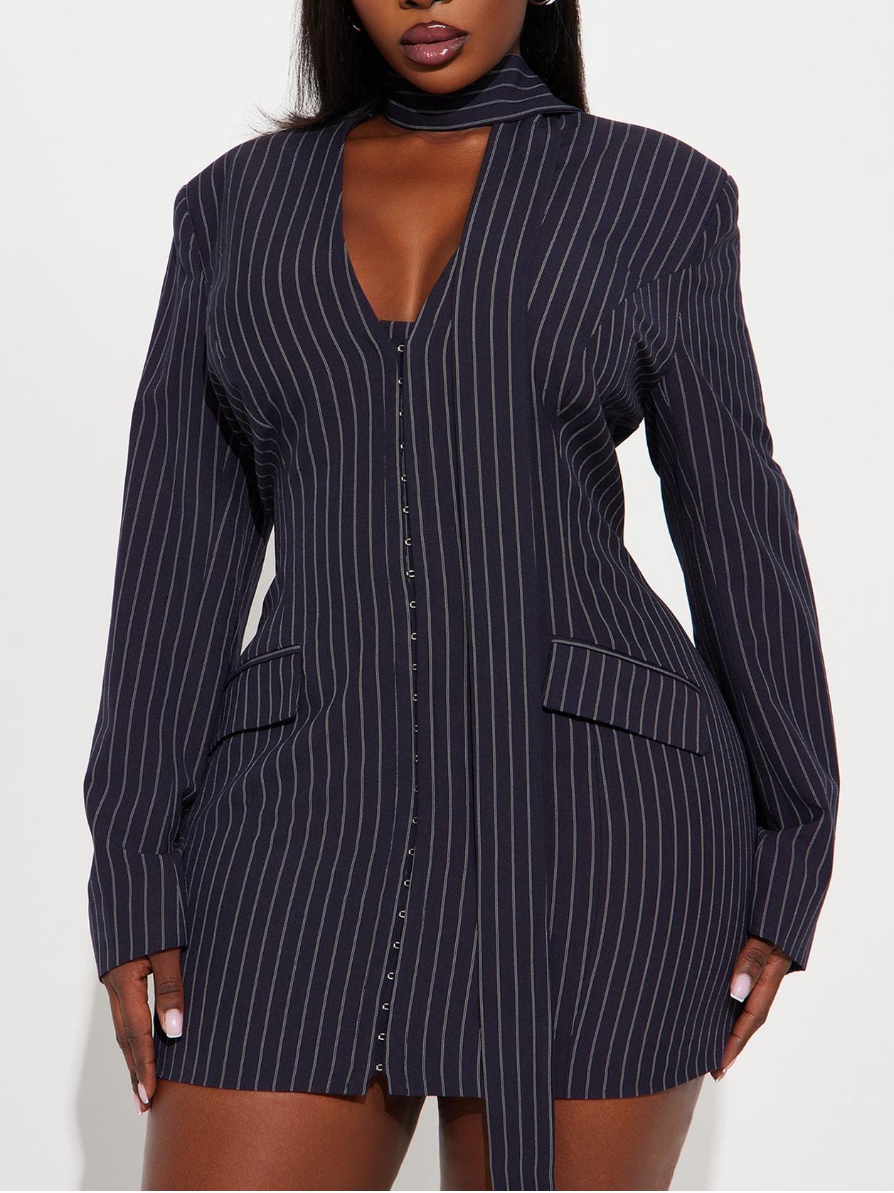 Pinstripe Blazer Mini Dress - Navy/combo