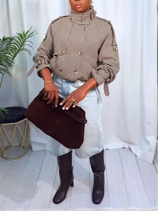 Elegant Lapel Checkered Buttons Double Breasted Coat