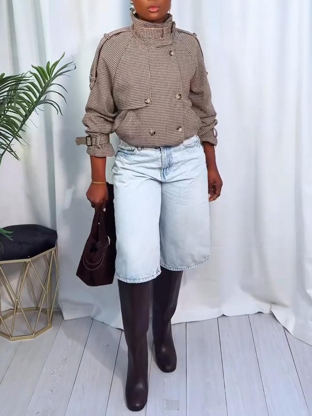 Elegant Lapel Checkered Buttons Double Breasted Coat